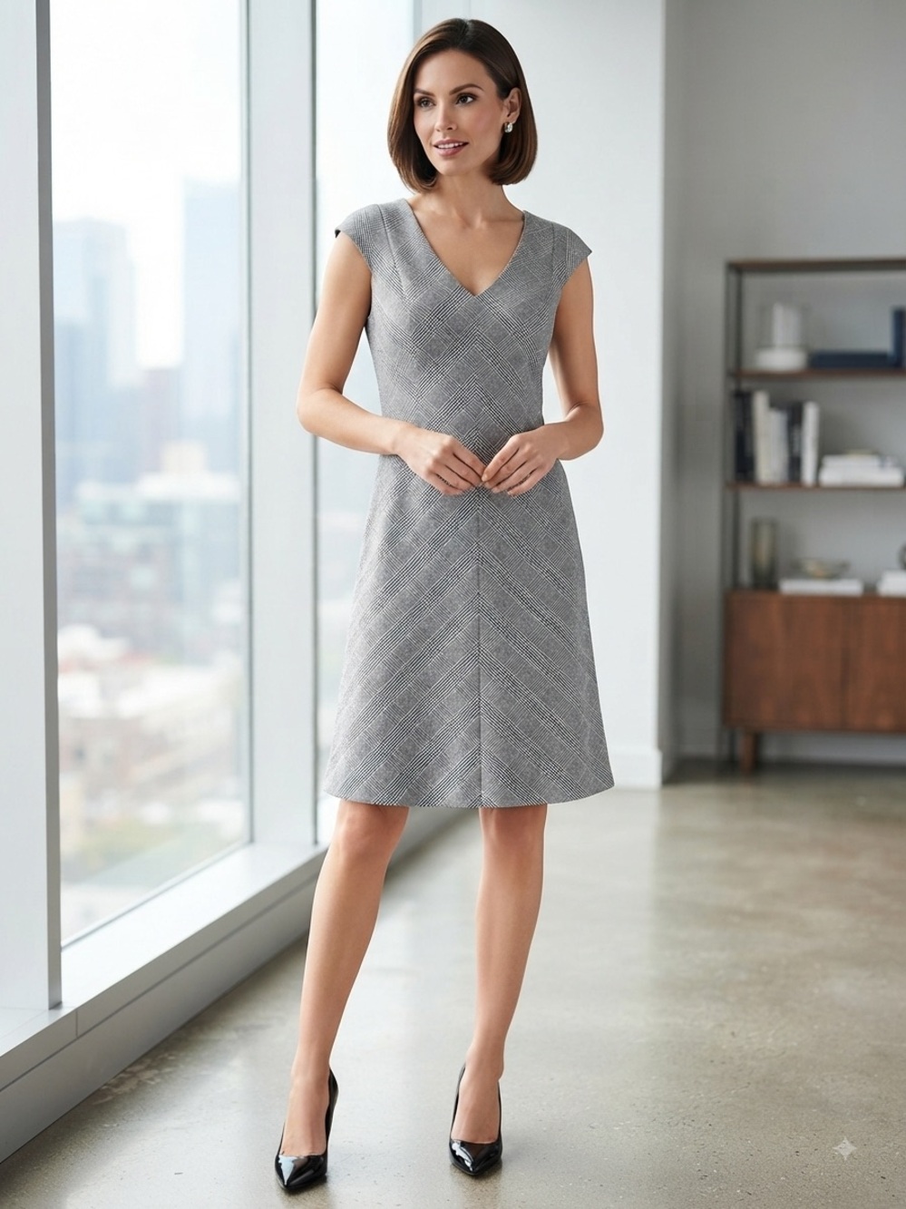 White House Black Market Black & Gray Plaid V-Neck Fit-and-Flare Dress